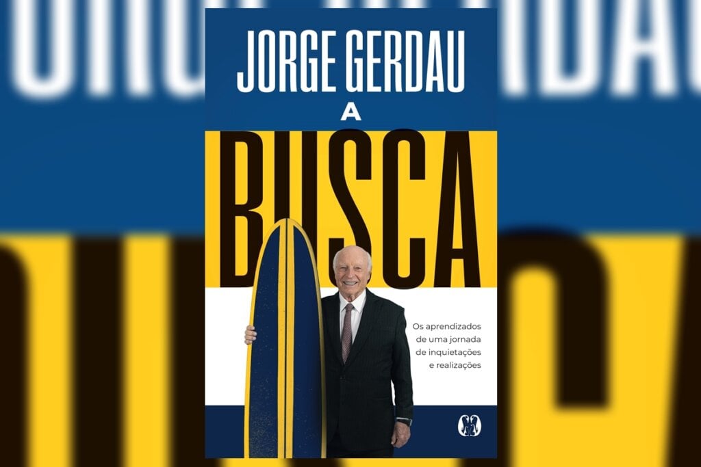 Capa do livro "A Busca" mostrando Jorge Gerdau segurando uma prancha de surfe representando sua trajetória de desafios e conquistas