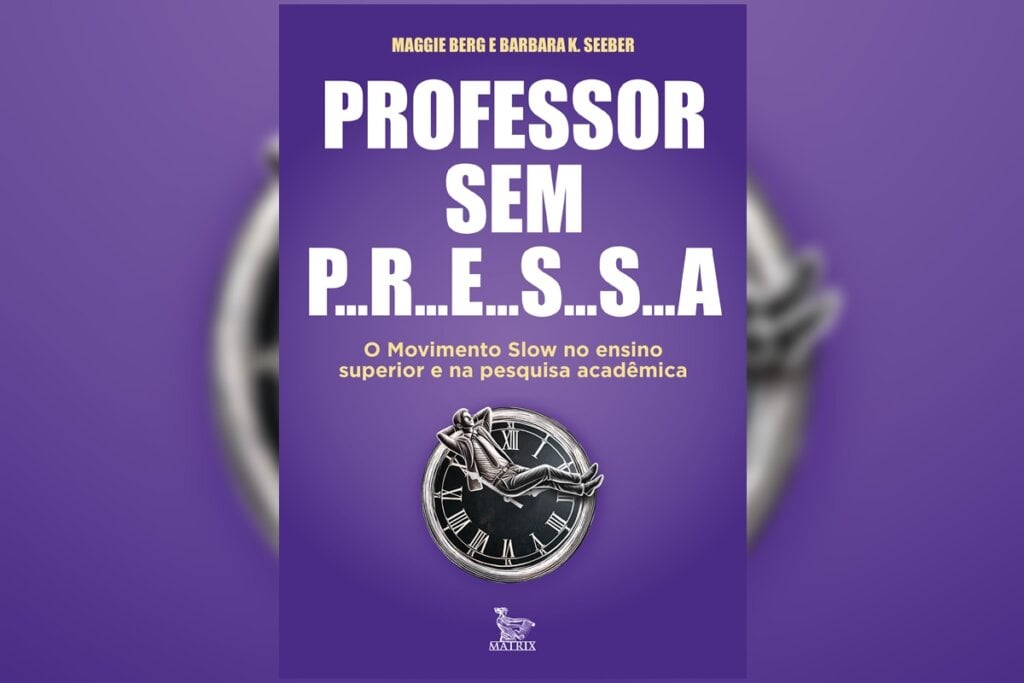 Capa do livro "Professor sem Pressa" em tons de roxo com um relógio e uma figura relaxada