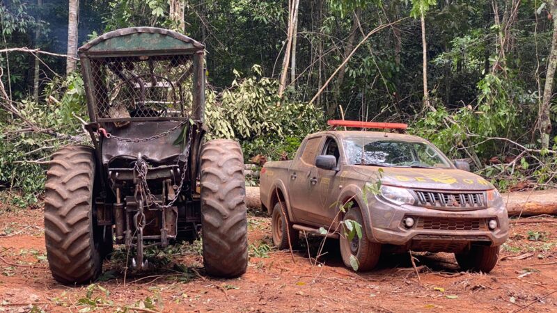 Sema apreende máquinas e toras de madeira em área de desmatamento no Nortão