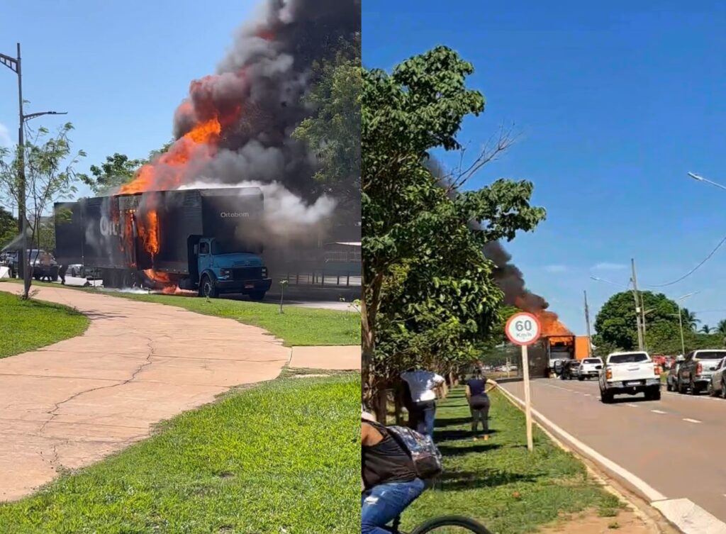 Caminhão enrosca em fio e carga de estofados é destruída em Sinop Caminhão enrosca em fio e carga de estofados é destruída em Sinop