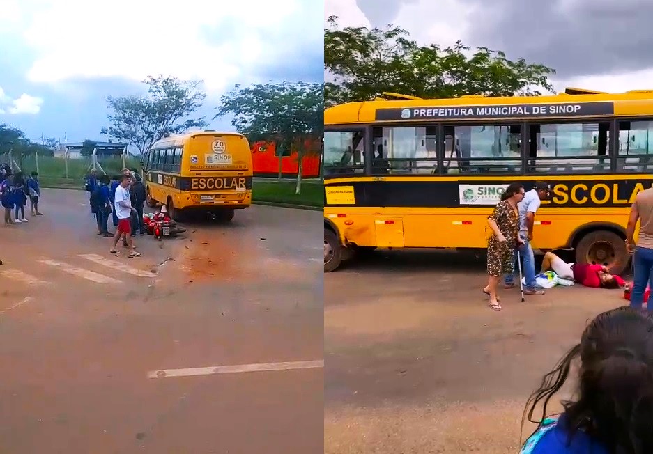 Colisão entre ônibus escolar e moto deixa dois feridos em Sinop