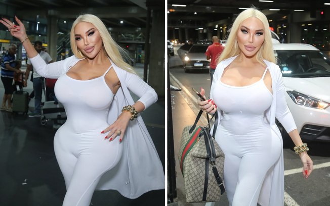 Jessica Alves, conhecida como Barbie humana exibe look ao anunciar chegada em São Paulo